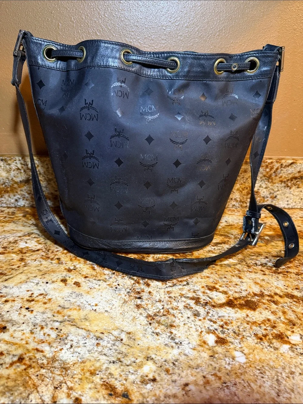 MCM Black Monogram Drawstring Bucket Hobo with Gold Plate
